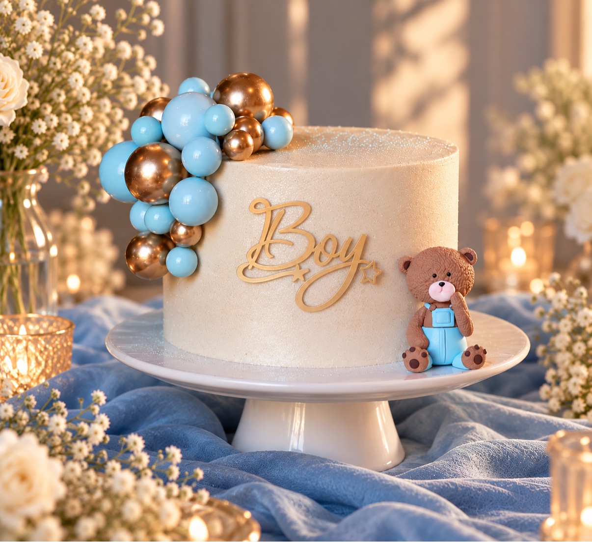 Whisky chocolate and coconut baby shower cake with blue and gold balloons and a teddy bear, by Nazli Rafei