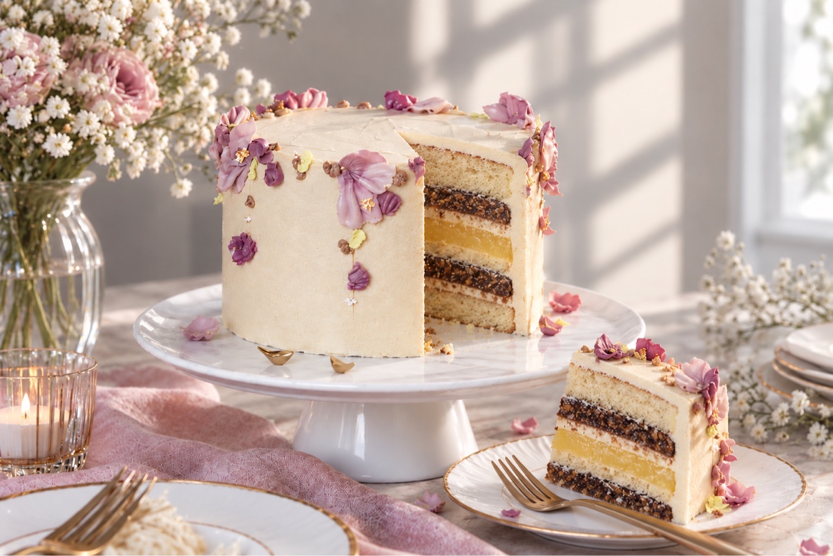 Lemon curd and blueberry layer cake with lilac petals and gold accents, by Nazli Rafei