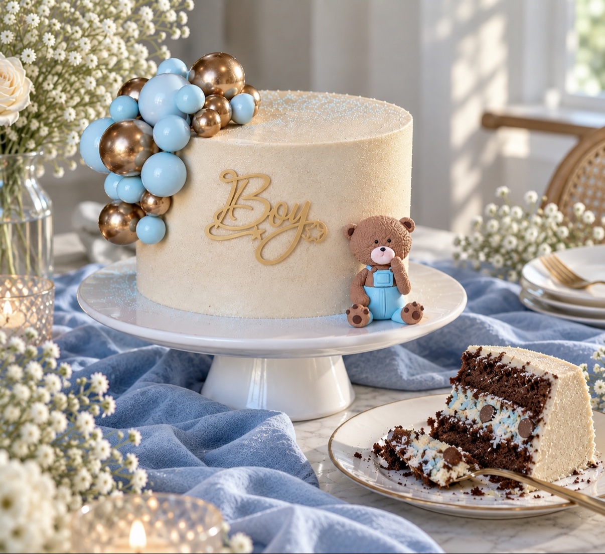 Whisky chocolate and coconut baby shower cake with blue and gold balloons and a teddy bear, by Nazli Rafei