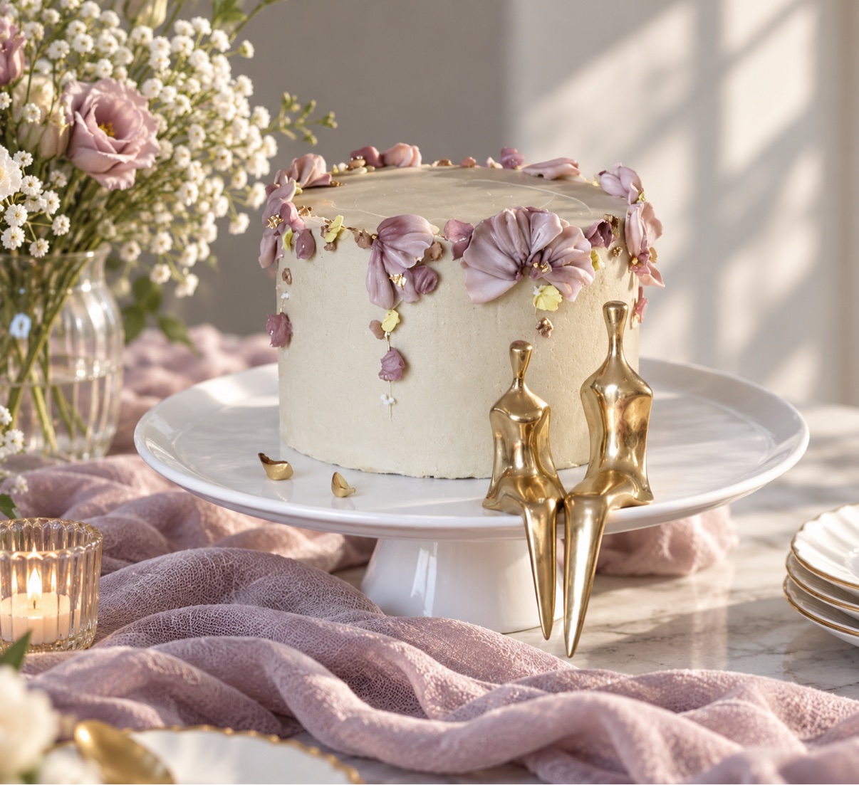 Lemon curd and blueberry layer cake with lilac petals and gold accents, by Nazli Rafei