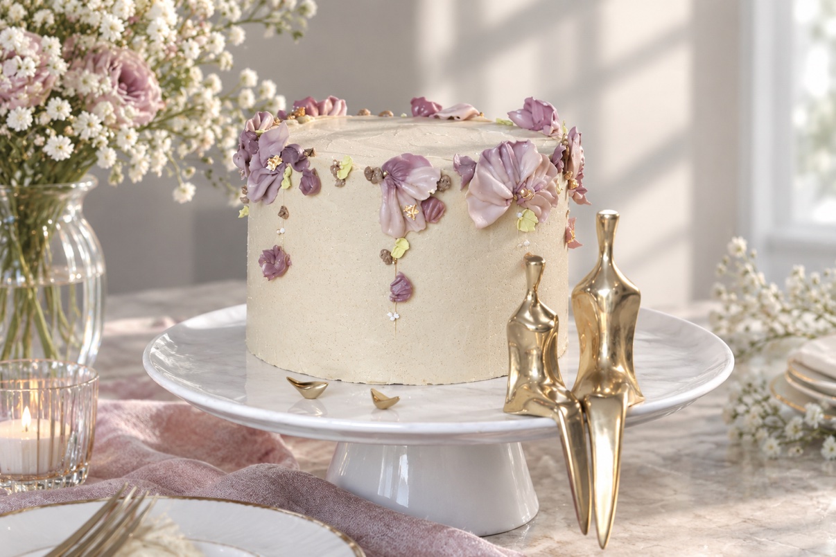 Lemon curd and blueberry layer cake with lilac petals and gold accents, by Nazli Rafei