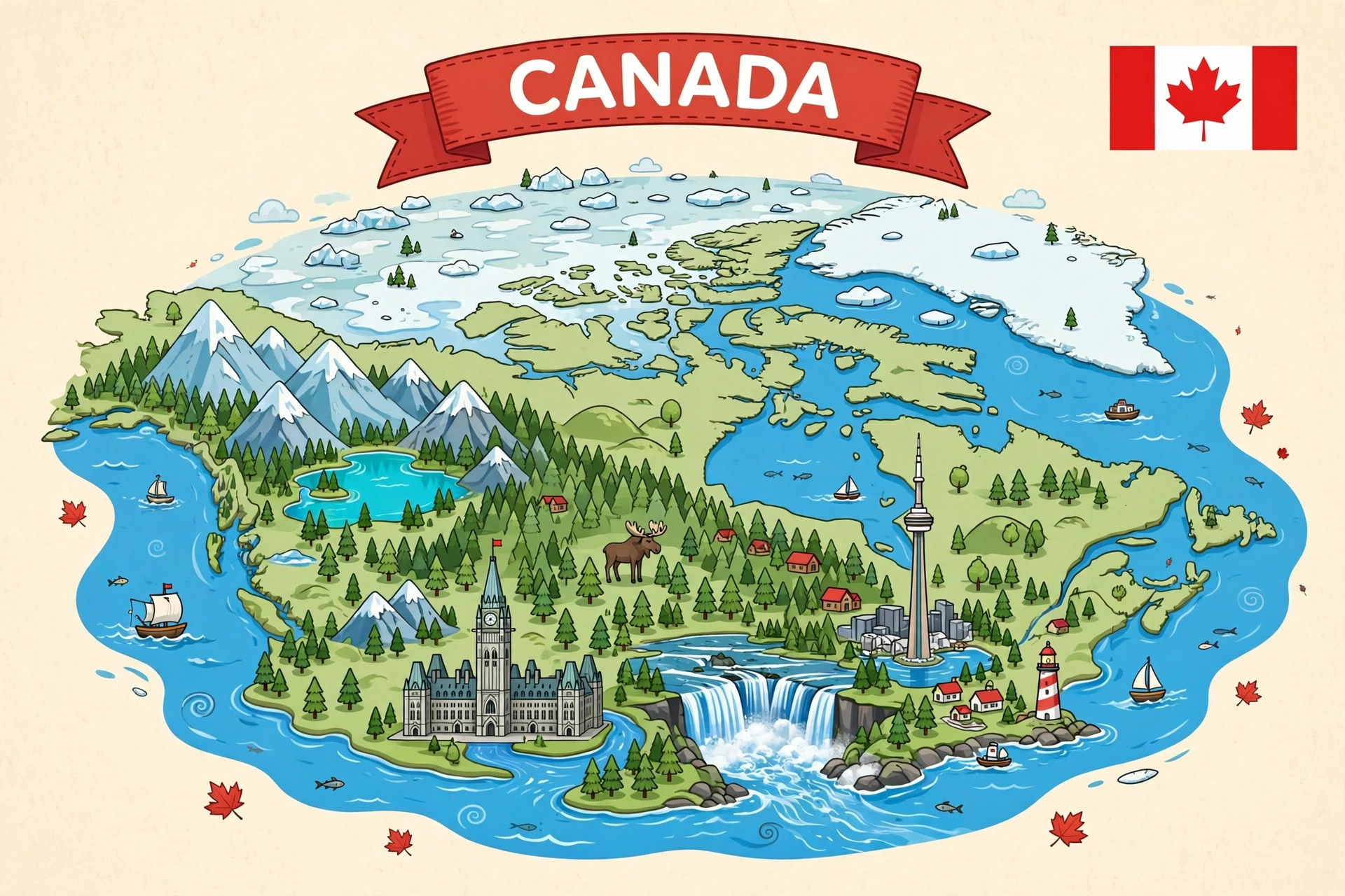 Illustrated map of Canada with its famous places