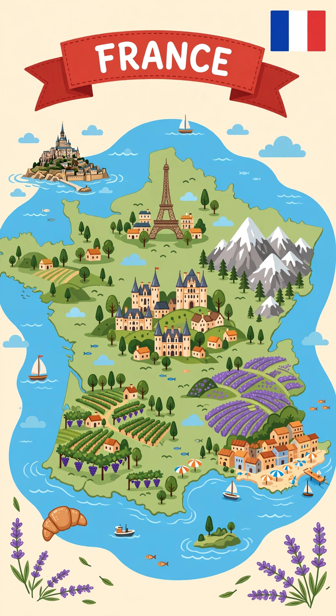Illustrated map of France with its famous places