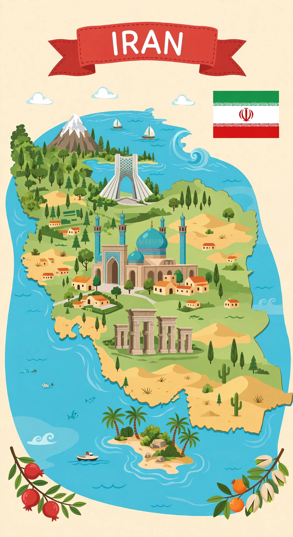 Illustrated map of Iran with its famous places