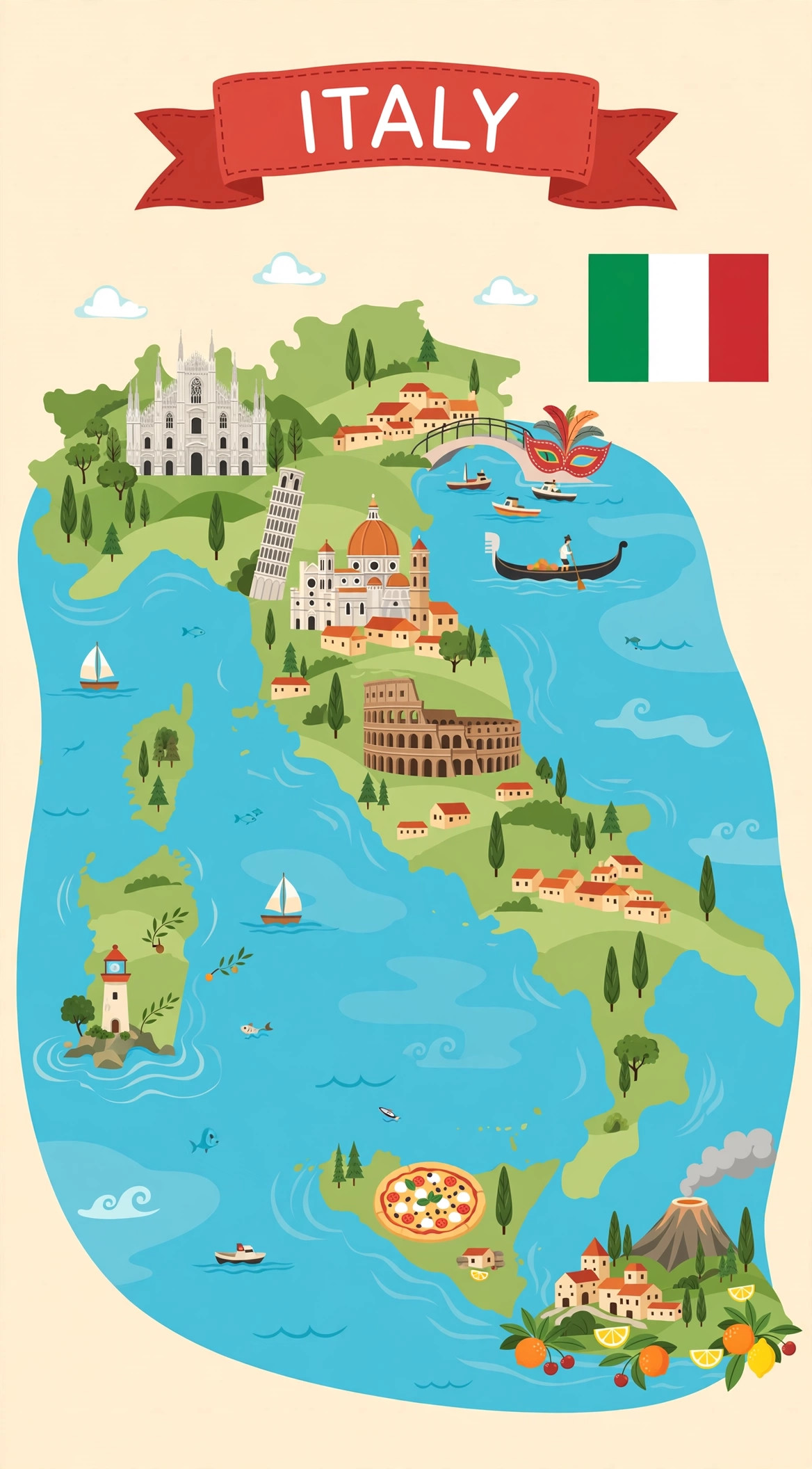 Illustrated map of Italy with its famous places