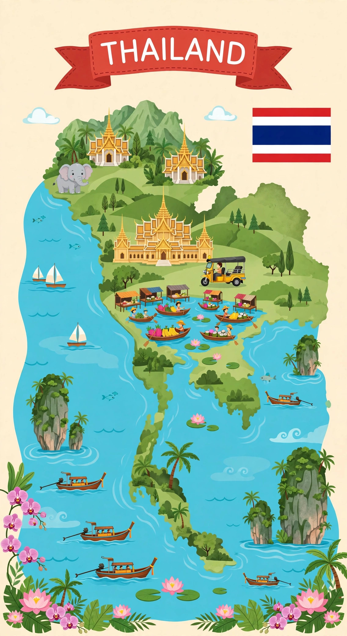 Illustrated map of Thailand with its famous places