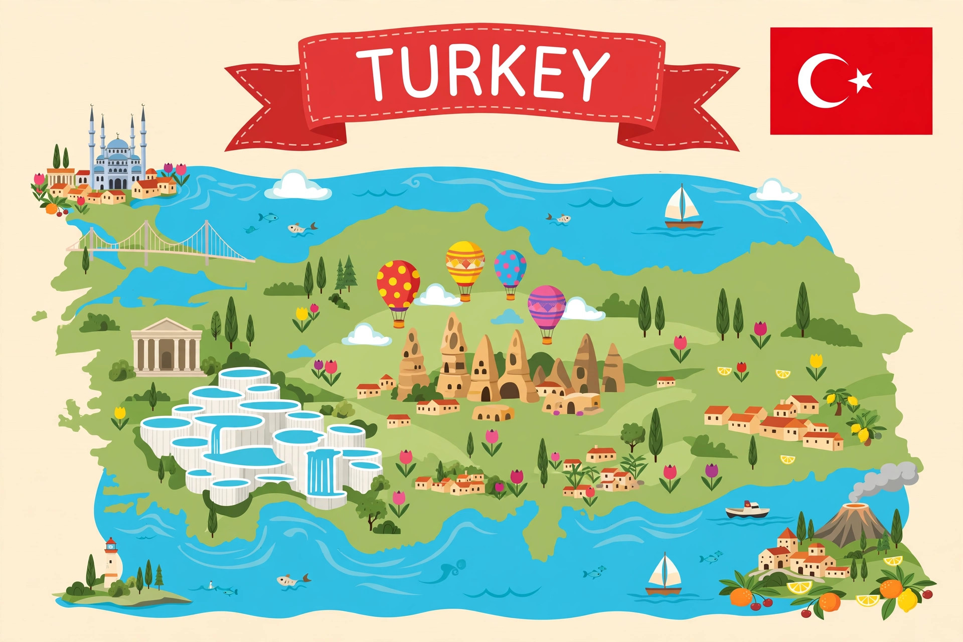 Illustrated map of Turkey with its famous places