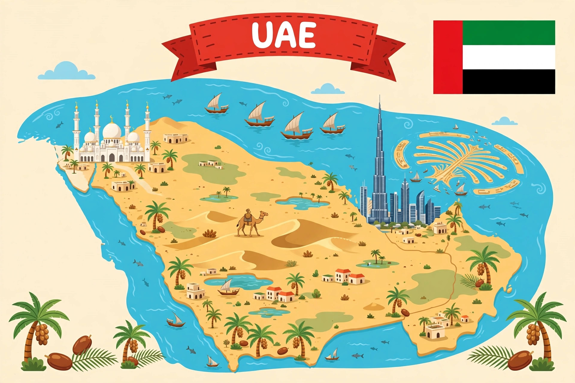 Illustrated map of United Arab Emirates with its famous places