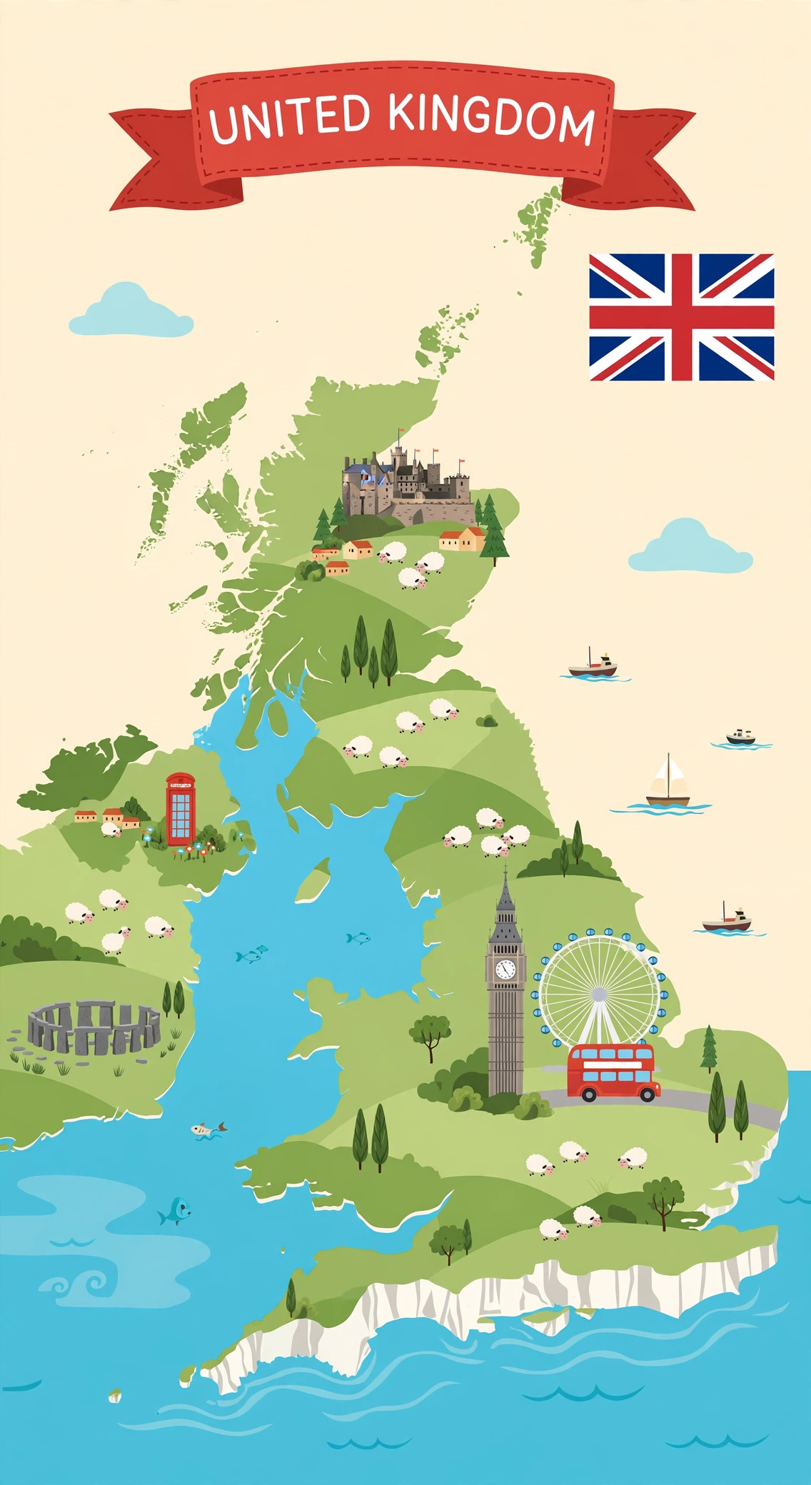 Illustrated map of United Kingdom with its famous places