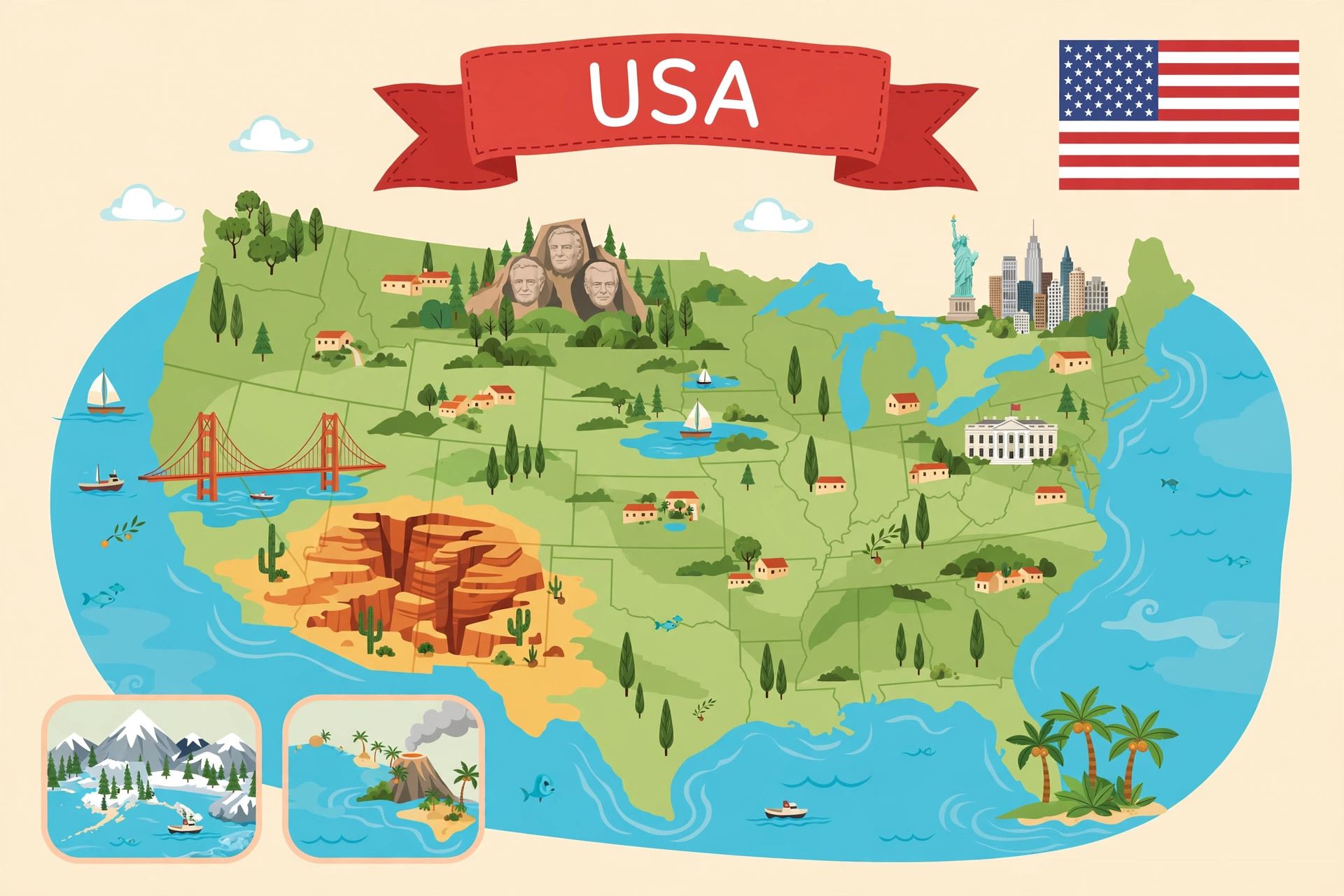 Illustrated map of United States with its famous places