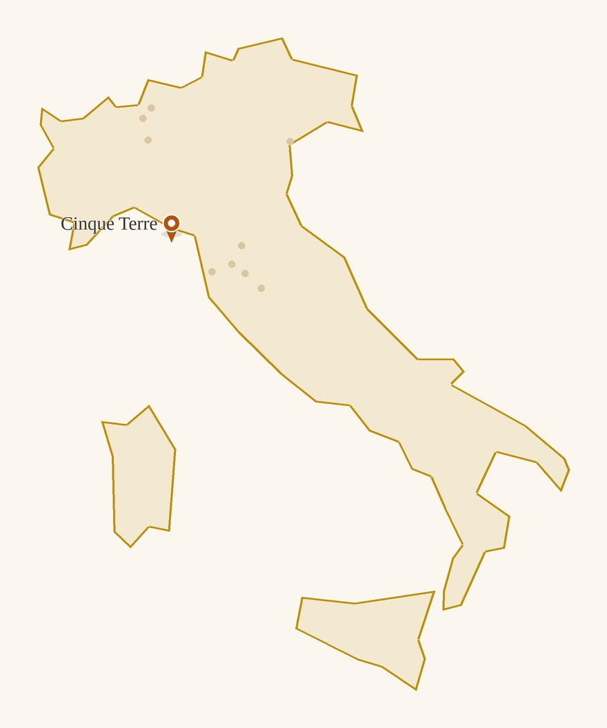 Map of Italy with Cinque Terre lit up