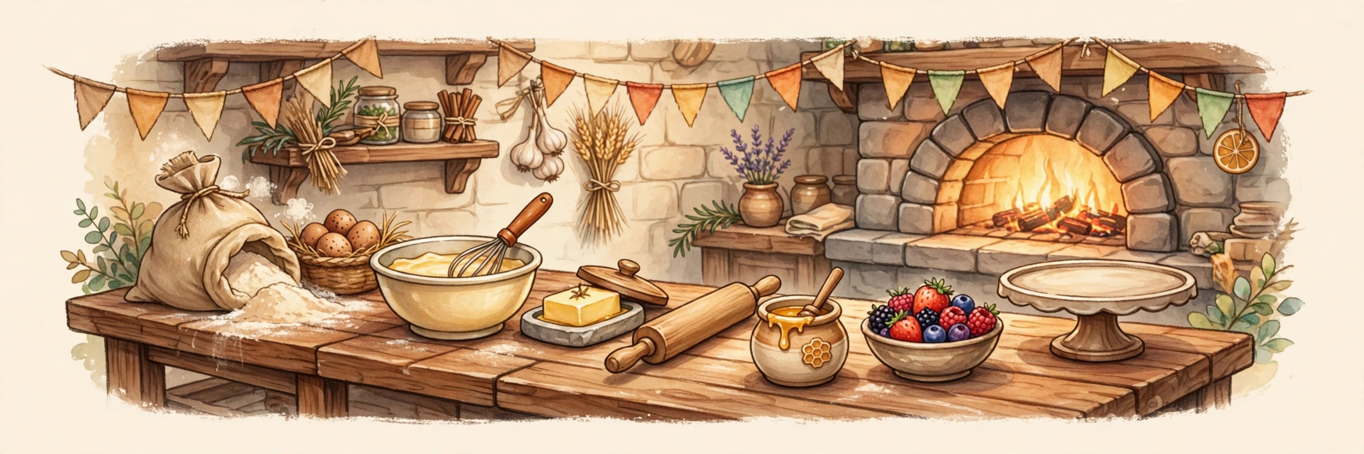 A medieval bakery preparation table with flour, eggs, honey, berries, and an empty cake stand, illustration