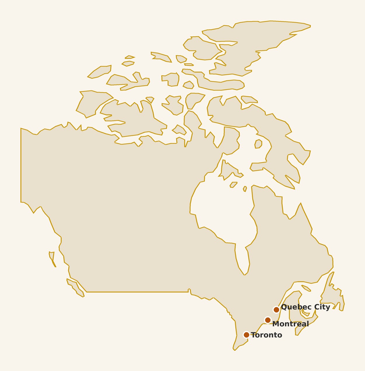 Map of Canada with pinned places