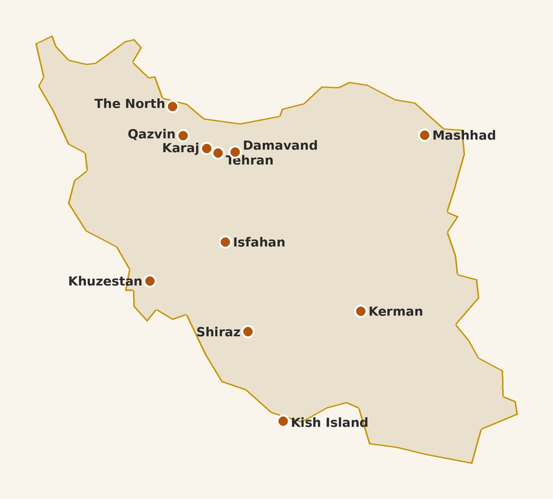 Map of Iran with pinned places