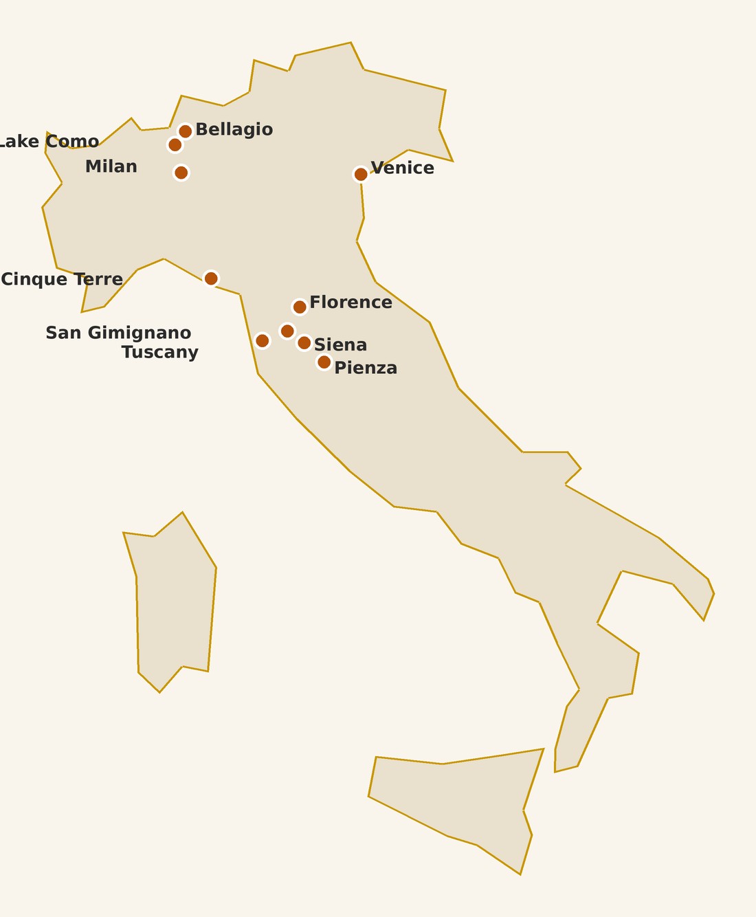 Map of Italy with pinned places