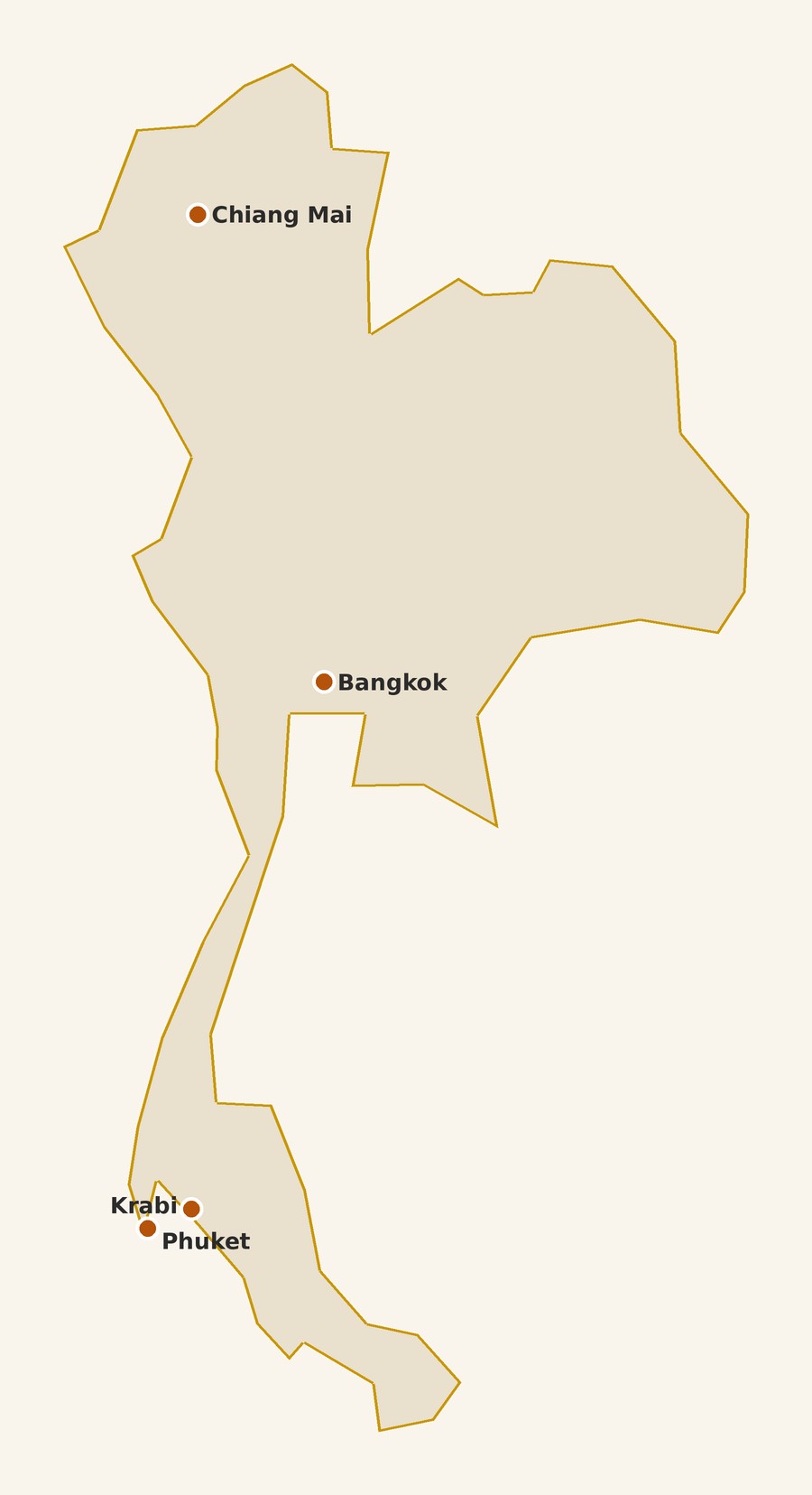 Map of Thailand with pinned places