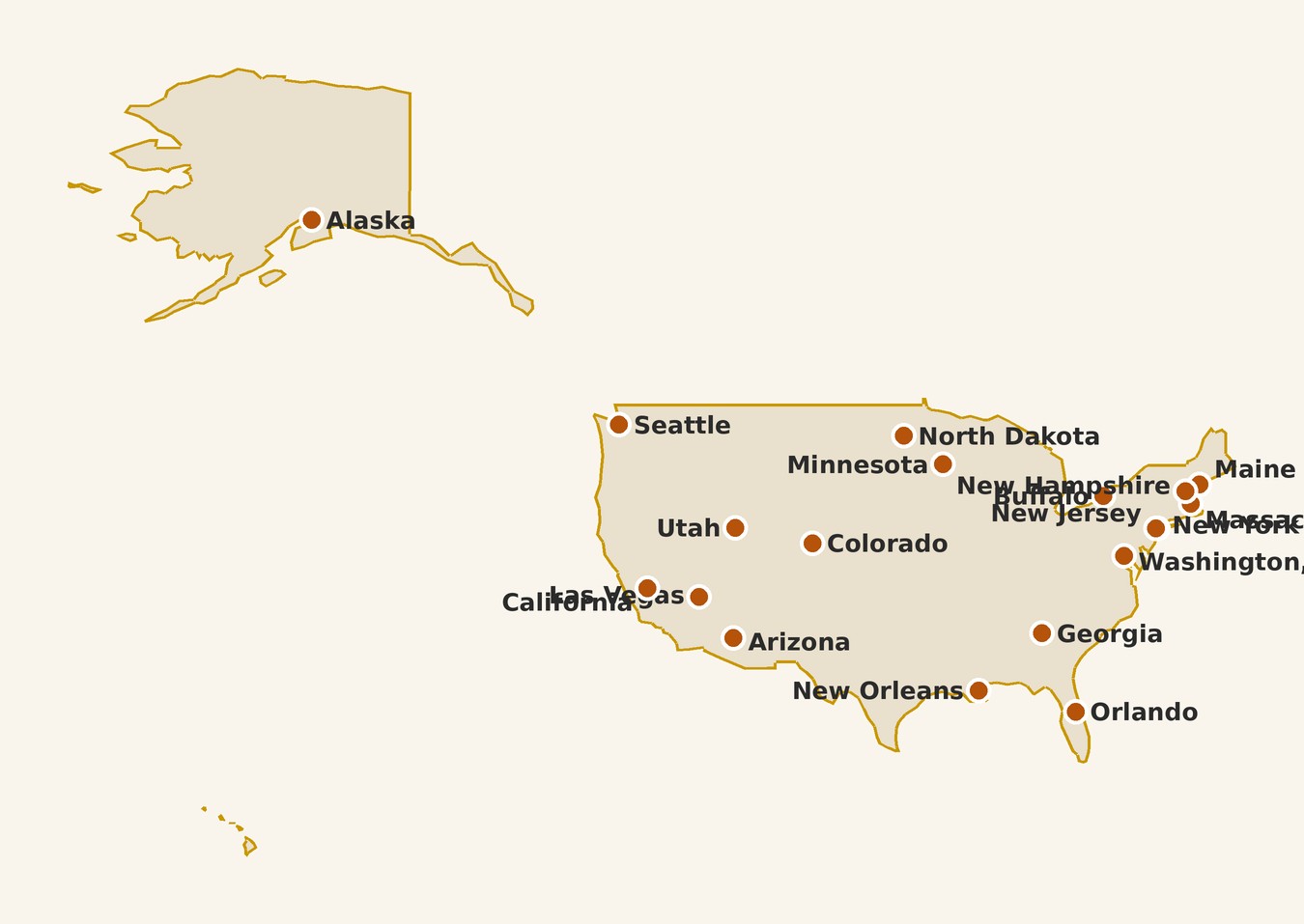 Map of United States with pinned places